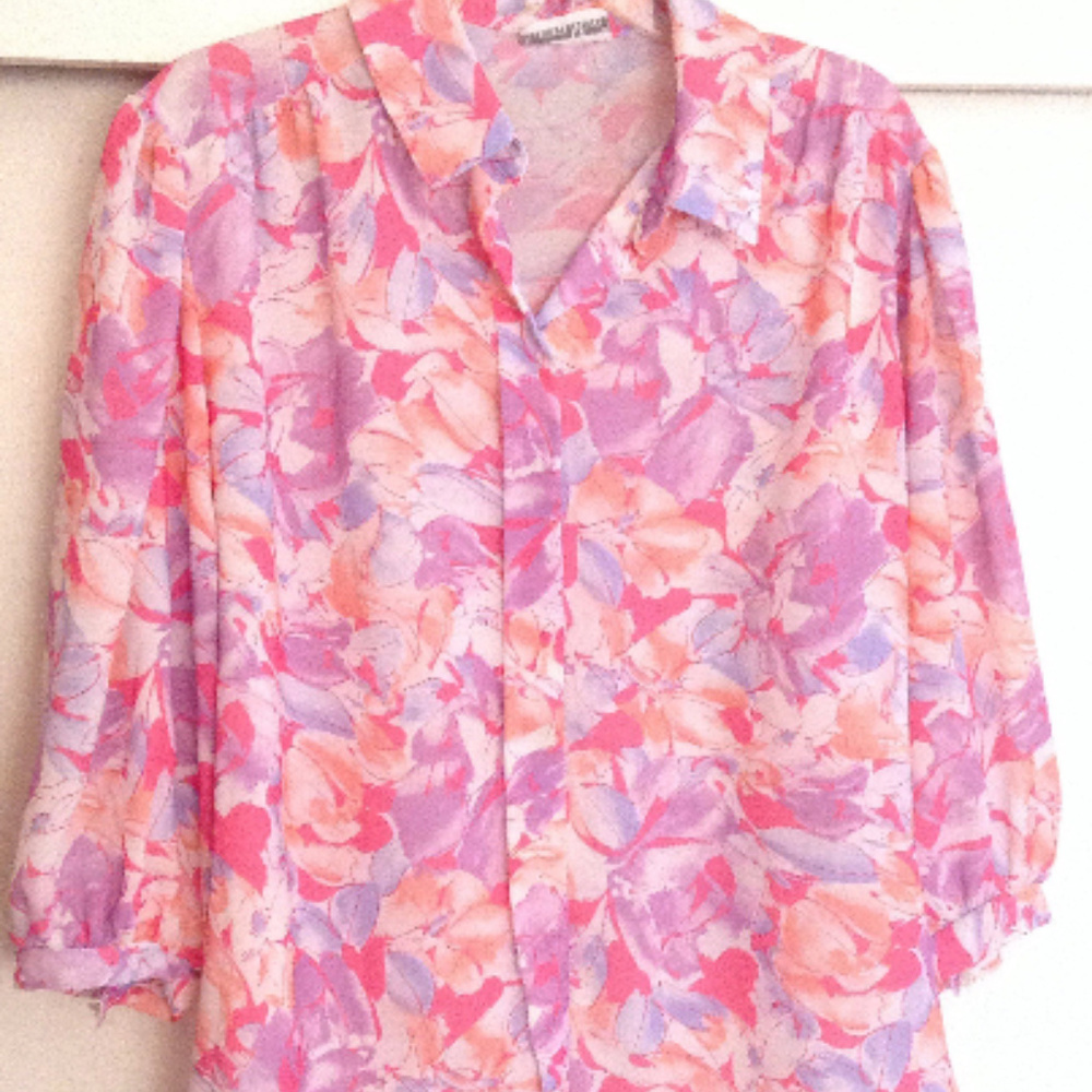 Vintage Pink Floral Cap Sleeve Blouse - 💜 Button-Up Long Sleeve